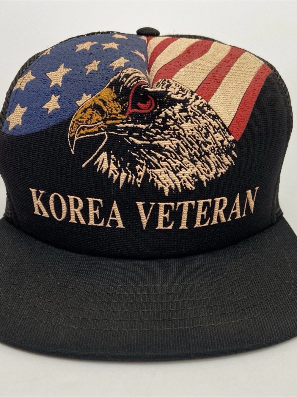 Korea Veteran mesh trucker cap Eagle USA flag Vintage 1980s Army Navy USMC